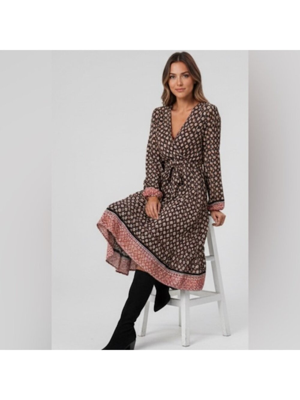 Diamond-Floral Print Lantern Sleeve Overlap Collar Belted Dress